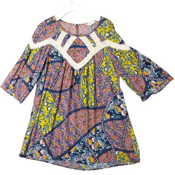 ENTRO Women Tunic Dress SZ M Patchwork Floral Lace Flare Pleated 3/4 Sleeve Boho - Picture 1 of 9